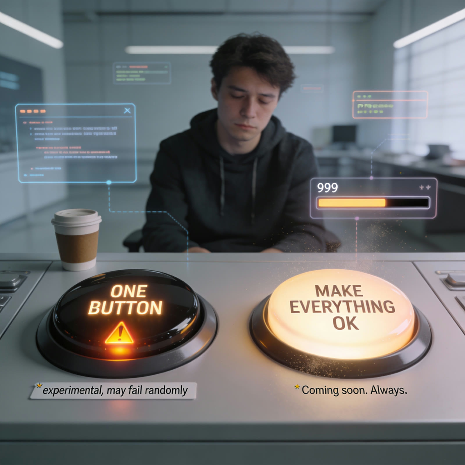 A person at a futuristic control desk facing two illuminated buttons: One Button and Make Everything OK.